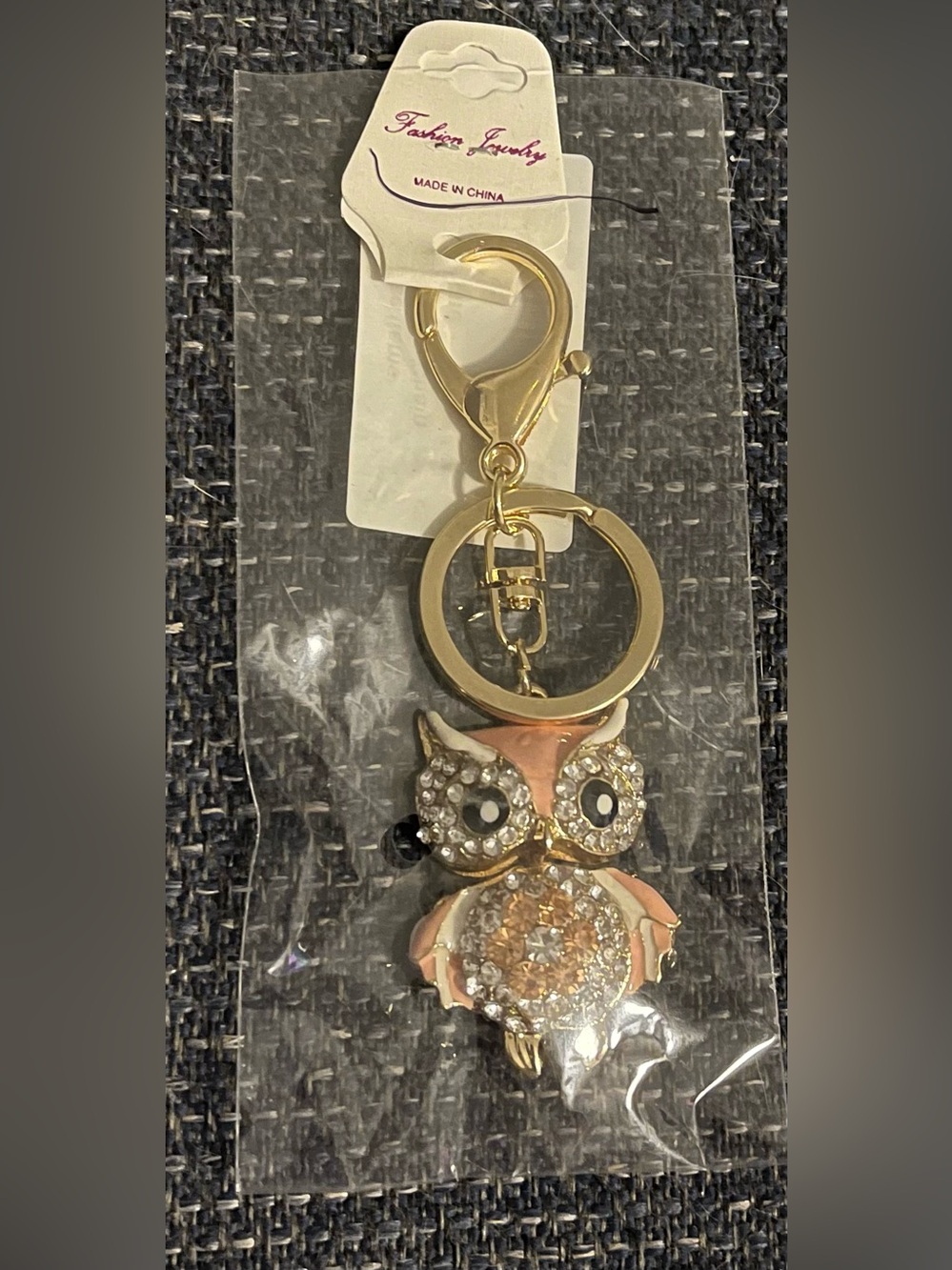 Gold & Pink Crystal Owl Keychain Bag Charm